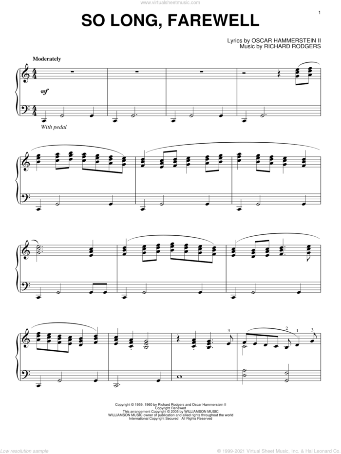 So Long, Farewell (from The Sound of Music), (intermediate) sheet music for piano solo by Rodgers & Hammerstein, The Sound Of Music (Musical), Oscar II Hammerstein and Richard Rodgers, intermediate skill level