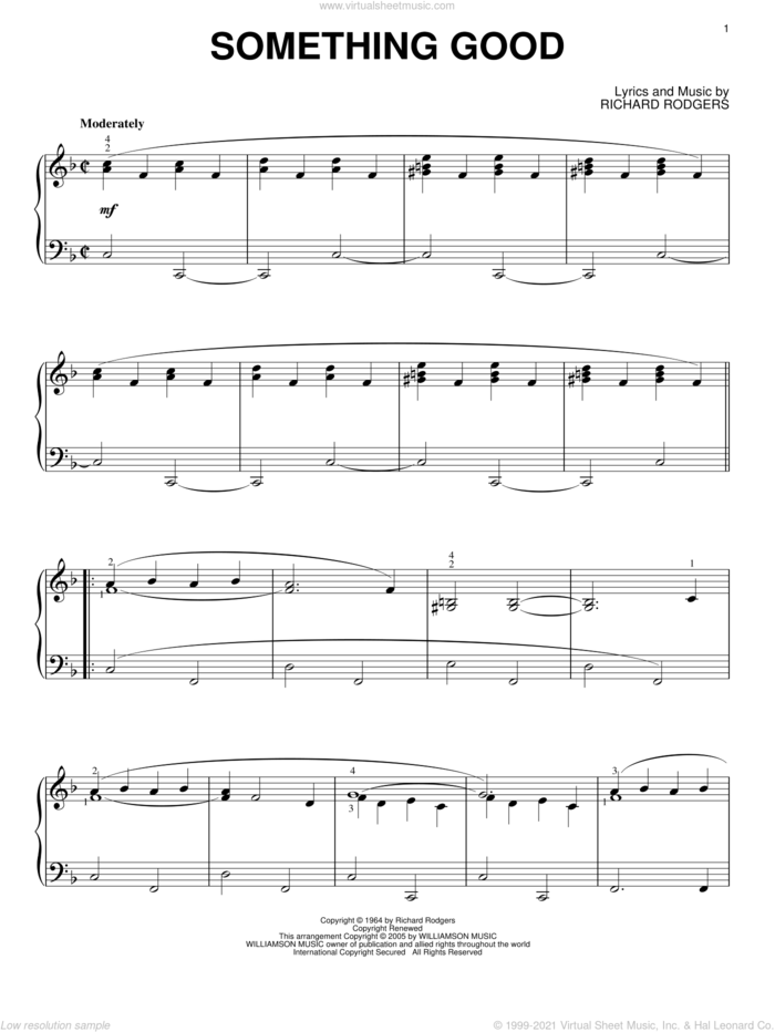 Something Good (from The Sound of Music) sheet music for piano solo by Rodgers & Hammerstein, The Sound Of Music (Musical) and Richard Rodgers, wedding score, intermediate skill level