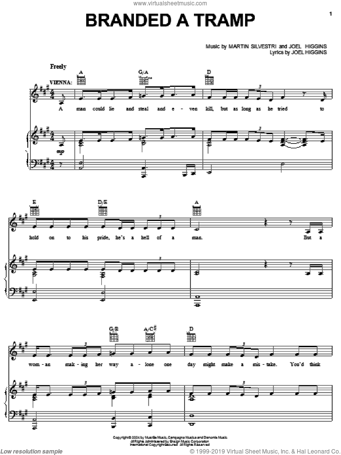 Branded A Tramp sheet music for voice, piano or guitar by Joel Higgins, Johnny Guitar (Musical) and Martin Silvestri, intermediate skill level
