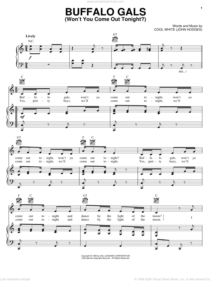 Buffalo Gals (Won't You Come Out Tonight?) sheet music for voice, piano or guitar by Cool White and John Hodges, intermediate skill level