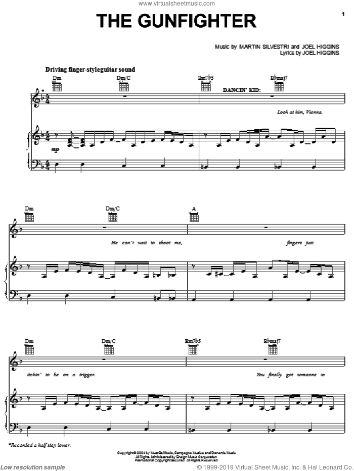 The Gunfighter sheet music for voice, piano or guitar by Joel Higgins, Johnny Guitar (Musical) and Martin Silvestri, intermediate skill level