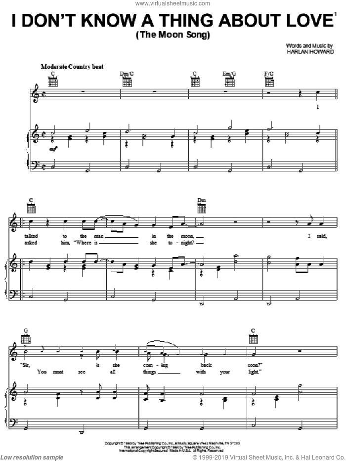 I Don't Know A Thing About Love (The Moon Song) sheet music for voice, piano or guitar by Conway Twitty and Harlan Howard, intermediate skill level
