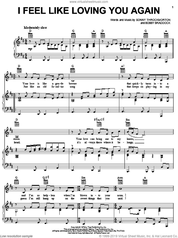 I Feel Like Loving You Again sheet music for voice, piano or guitar by T.G. Sheppard, Bobby Braddock and Sonny Throckmorton, intermediate skill level