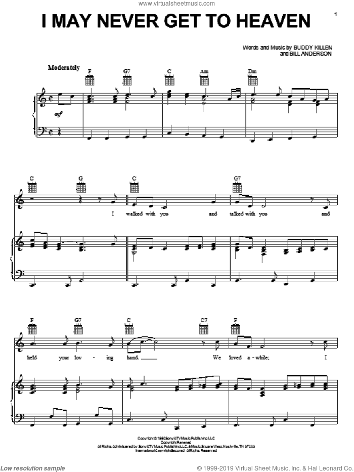 I May Never Get To Heaven sheet music for voice, piano or guitar by Conway Twitty, Bill Anderson and Buddy Killen, intermediate skill level