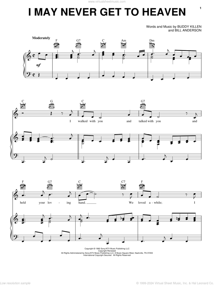 I May Never Get To Heaven sheet music for voice, piano or guitar by Conway Twitty, Bill Anderson and Buddy Killen, intermediate skill level