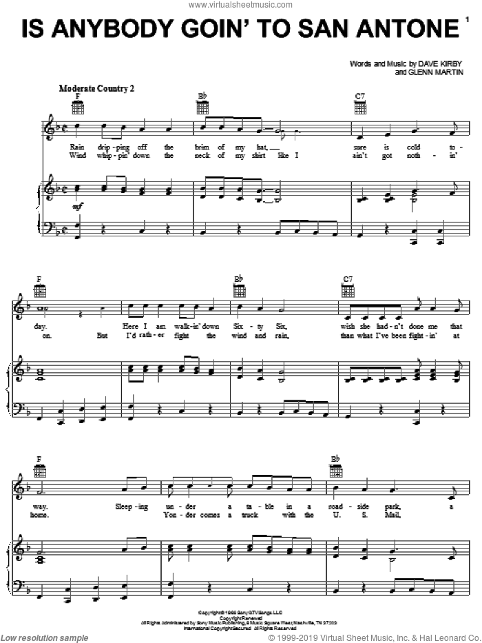 Is Anybody Goin' To San Antone sheet music for voice, piano or guitar by Charley Pride, Dave Kirby and Glenn Martin, intermediate skill level