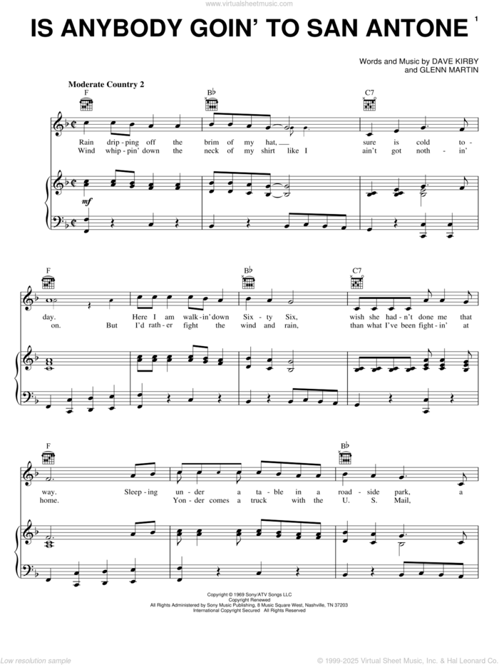 Is Anybody Goin' To San Antone sheet music for voice, piano or guitar by Charley Pride, Dave Kirby and Glenn Martin, intermediate skill level