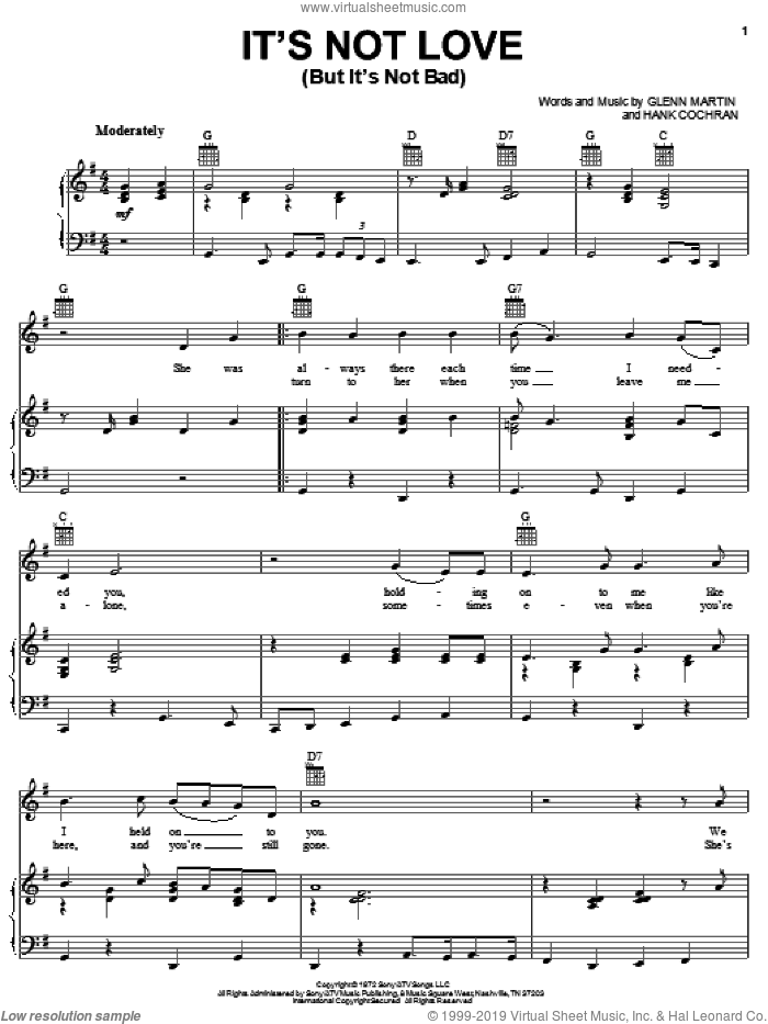 It's Not Love (But It's Not Bad) sheet music for voice, piano or guitar by Merle Haggard, Glenn Martin and Hank Cochran, intermediate skill level