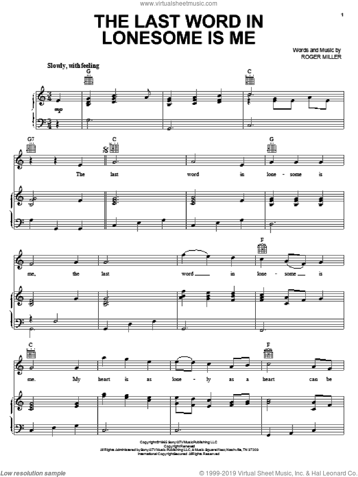 The Last Word In Lonesome Is Me sheet music for voice, piano or guitar by Eddy Arnold and Roger Miller, intermediate skill level