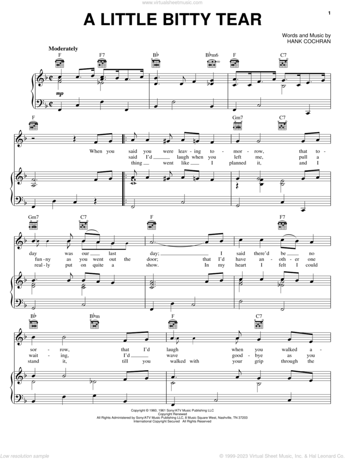 A Little Bitty Tear sheet music for voice, piano or guitar by Burl Ives, Don Gibson and Hank Cochran, intermediate skill level