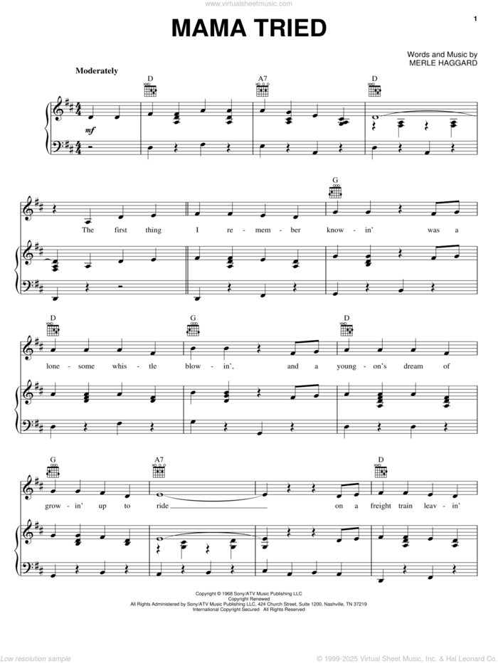 Mama Tried sheet music for voice, piano or guitar by Merle Haggard, intermediate skill level