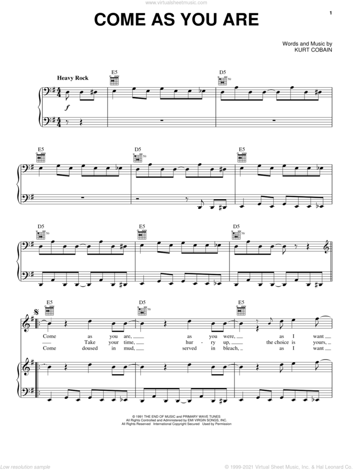 Come As You Are sheet music for voice, piano or guitar by Nirvana and Kurt Cobain, intermediate skill level
