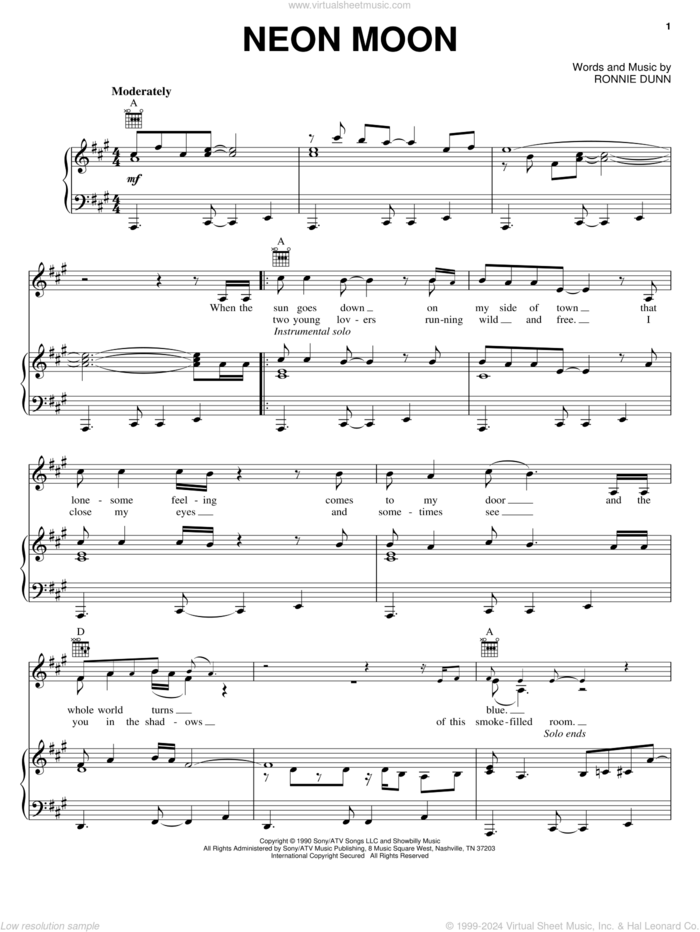 Neon Moon sheet music for voice, piano or guitar by Brooks & Dunn and Ronnie Dunn, intermediate skill level