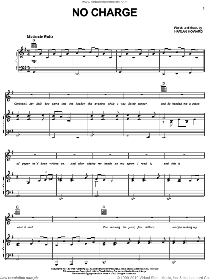 No Charge sheet music for voice, piano or guitar by Shirley Caesar, Melba Montgomery and Harlan Howard, intermediate skill level