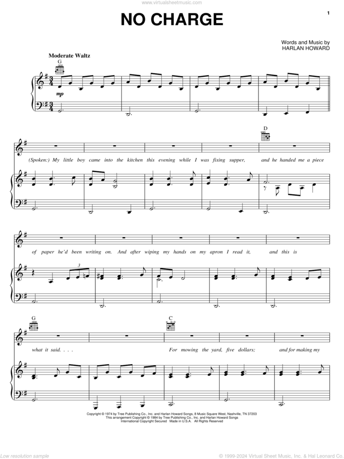 No Charge sheet music for voice, piano or guitar by Shirley Caesar, Melba Montgomery and Harlan Howard, intermediate skill level