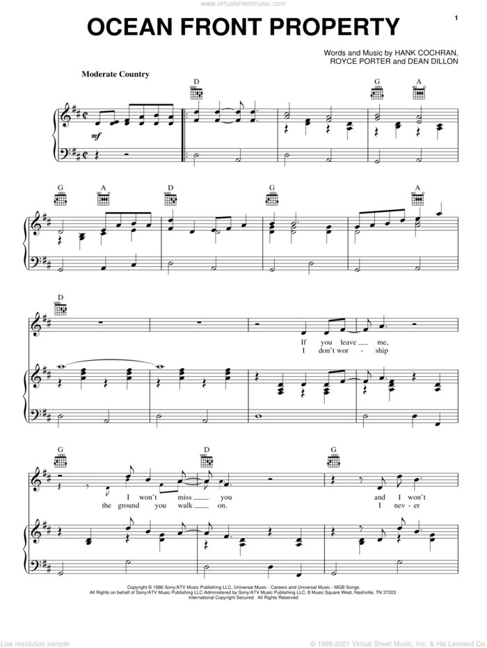 Ocean Front Property sheet music for voice, piano or guitar by George Strait, Dean Dillon, Hank Cochran and Royce Porter, intermediate skill level