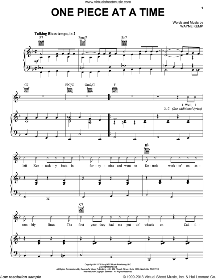 One Piece At A Time sheet music for voice, piano or guitar by Johnny Cash and Wayne Kemp, intermediate skill level
