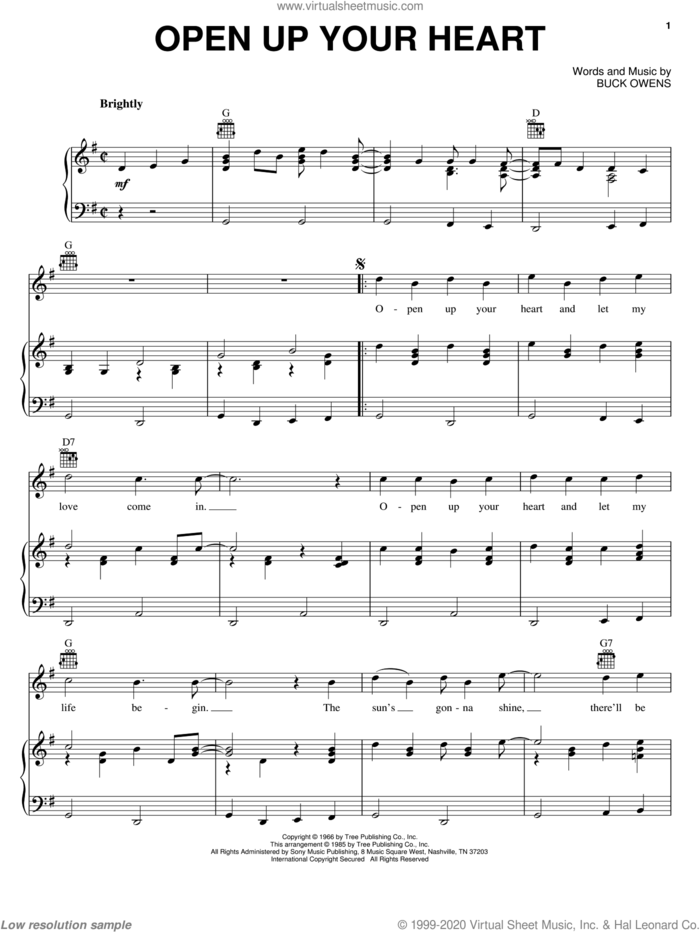 Open Up Your Heart sheet music for voice, piano or guitar by Buck Owens, intermediate skill level