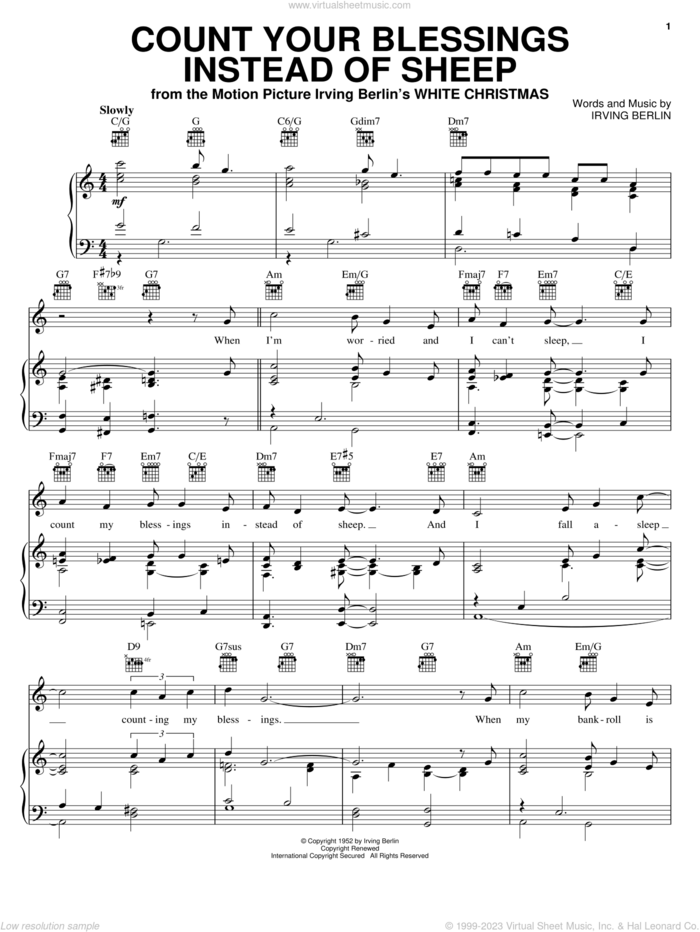 Count Your Blessings Instead Of Sheep sheet music for voice, piano or guitar by Irving Berlin, Bing Crosby, Eddie Fisher, Rosemary Clooney and White Christmas (Musical), intermediate skill level