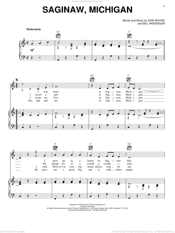 Saginaw, Michigan sheet music for voice, piano or guitar by Lefty Frizzell, Bill Anderson and Don Wayne, intermediate skill level