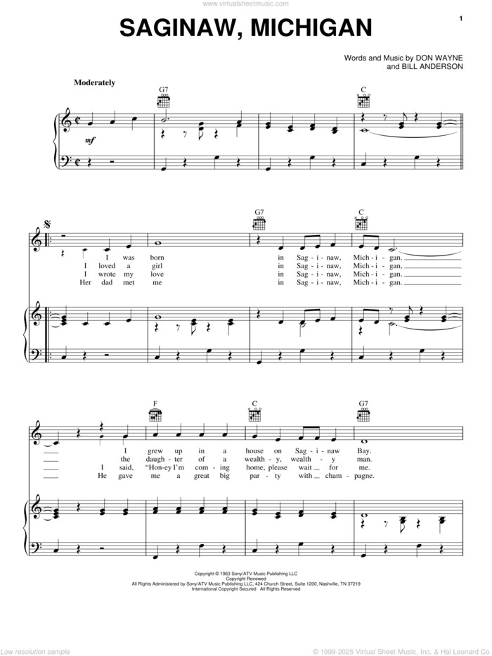 Saginaw, Michigan sheet music for voice, piano or guitar by Lefty Frizzell, Bill Anderson and Don Wayne, intermediate skill level