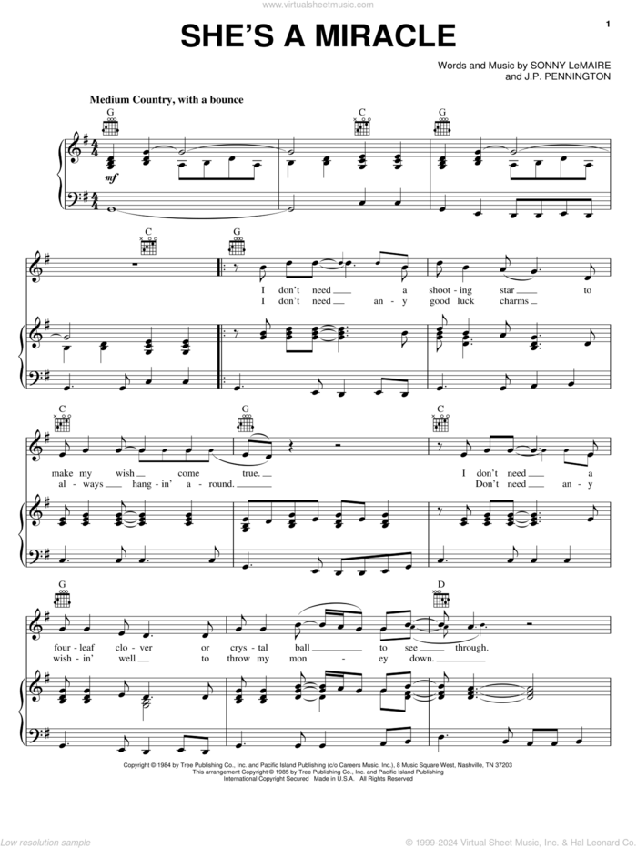 She's A Miracle sheet music for voice, piano or guitar by Exile, J.P. Pennington and Sonny LeMaire, intermediate skill level