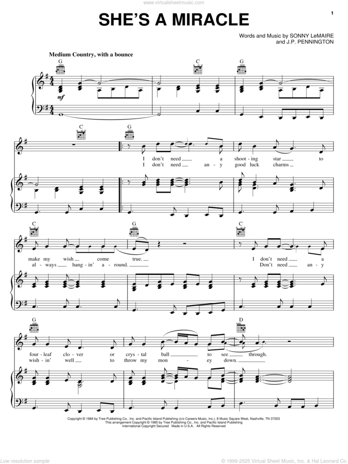 She's A Miracle sheet music for voice, piano or guitar by Exile, J.P. Pennington and Sonny LeMaire, intermediate skill level