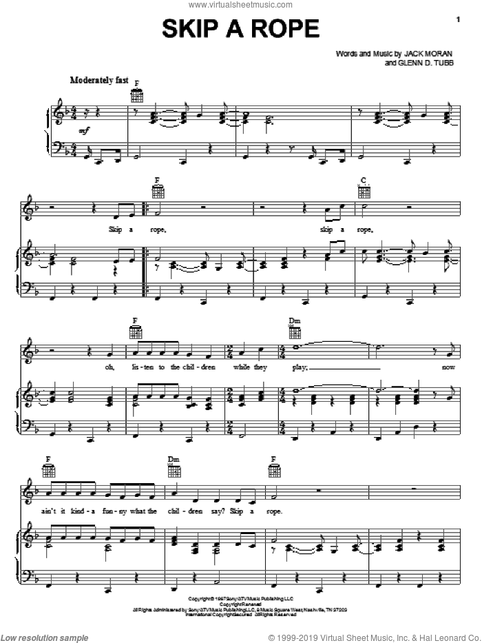 Skip A Rope sheet music for voice, piano or guitar by Henson Cargill, B.J. Thomas, Glenn D. Tubb and Jack Moran, intermediate skill level
