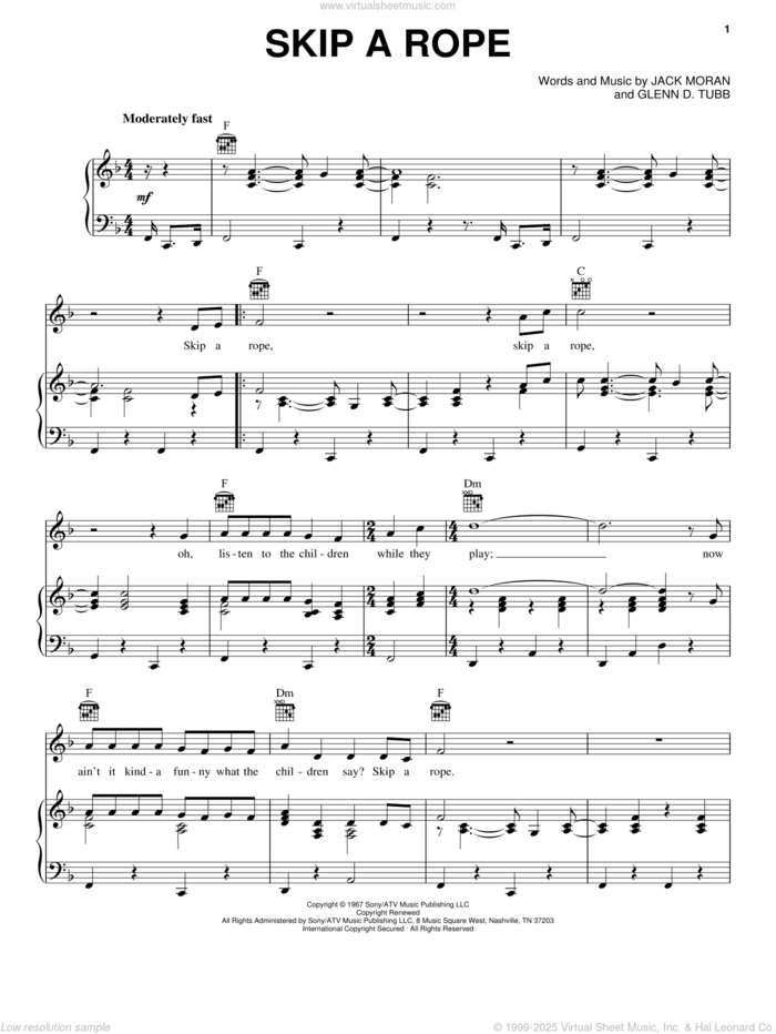 Skip A Rope sheet music for voice, piano or guitar by Henson Cargill, B.J. Thomas, Glenn D. Tubb and Jack Moran, intermediate skill level