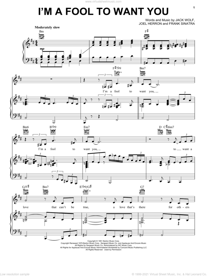I'm A Fool To Want You sheet music for voice, piano or guitar by Frank Sinatra, Billie Holiday, Chet Baker, Lee Morgan, Jack Wolf and Joel Herron, intermediate skill level