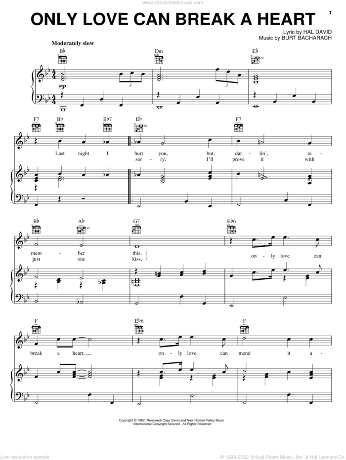Only Love Can Break A Heart sheet music for voice, piano or guitar by Gene Pitney, Bacharach & David, Burt Bacharach and Hal David, intermediate skill level