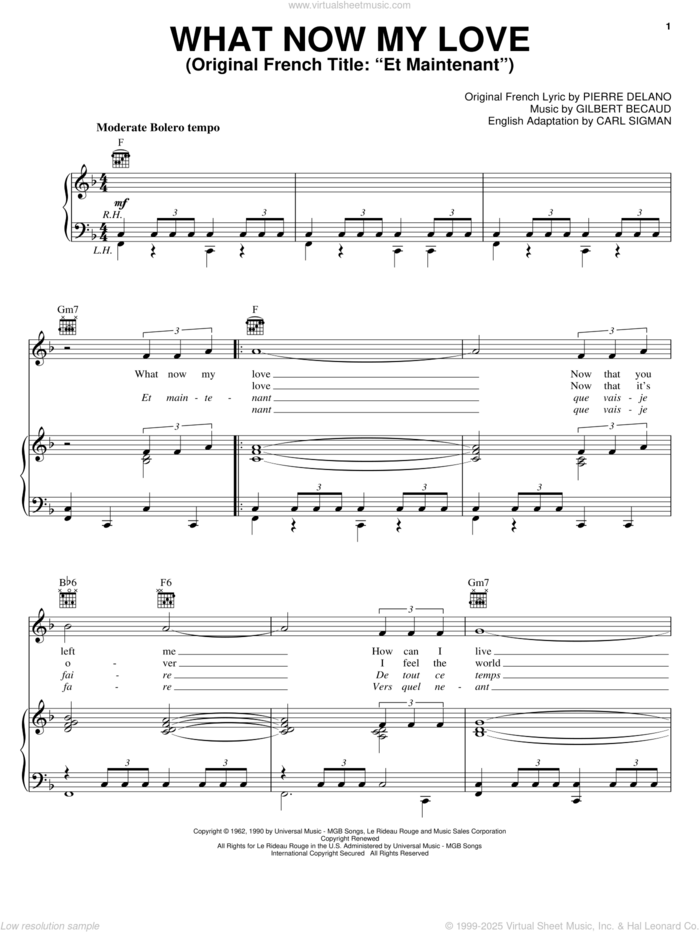 What Now My Love sheet music for voice, piano or guitar by Gilbert Becaud, Elvis Presley, Frank Sinatra, Herb Alpert, Herb Alpert & The Tijuana Brass, Sonny & Cher, Carl Sigman and Pierre Leroyer, intermediate skill level