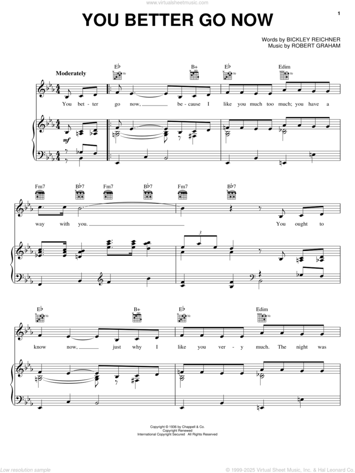 You Better Go Now sheet music for voice, piano or guitar by Billie Holiday, Chet Baker, Red Garland, Bickley Reichner and Robert Graham, intermediate skill level