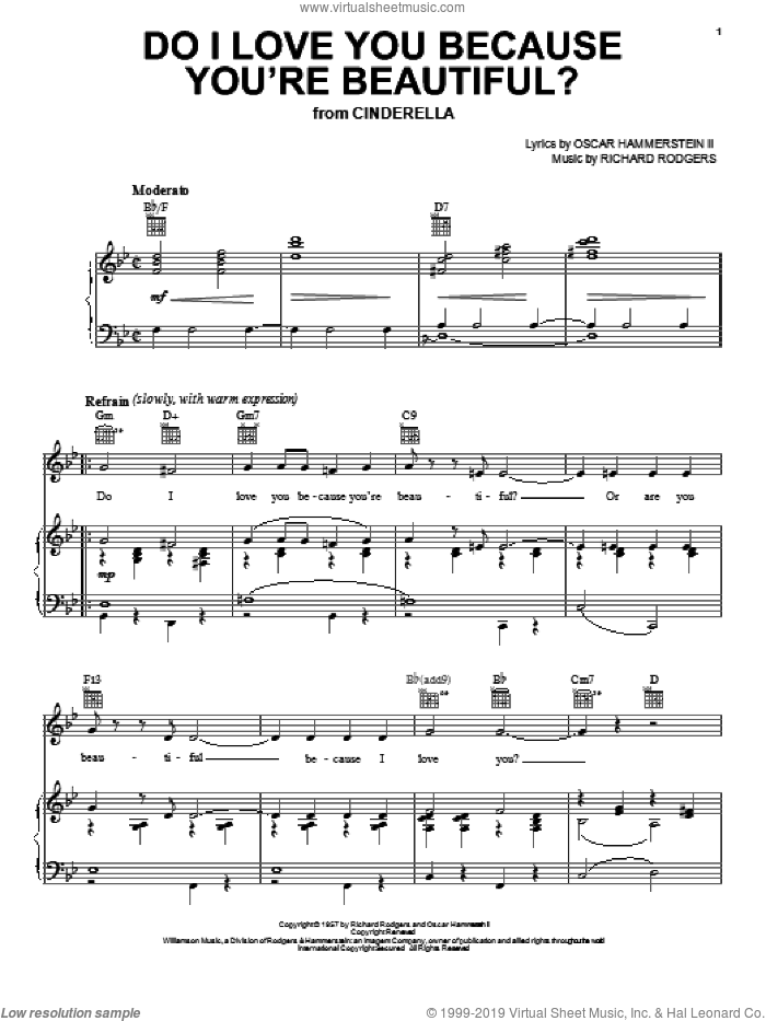 Do I Love You Because You're Beautiful? (from Cinderella) sheet music for voice, piano or guitar by Rodgers & Hammerstein, Cinderella (Musical), Oscar II Hammerstein and Richard Rodgers, wedding score, intermediate skill level