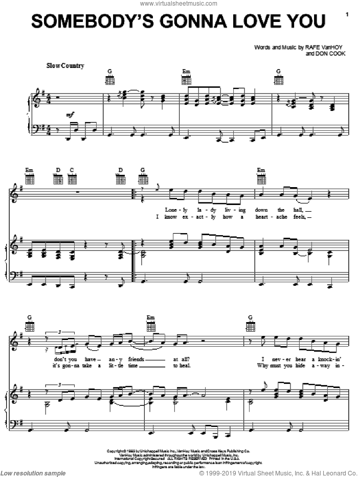 Somebody's Gonna Love You sheet music for voice, piano or guitar by Lee Greenwood, Don Cook and Rafe VanHoy, intermediate skill level
