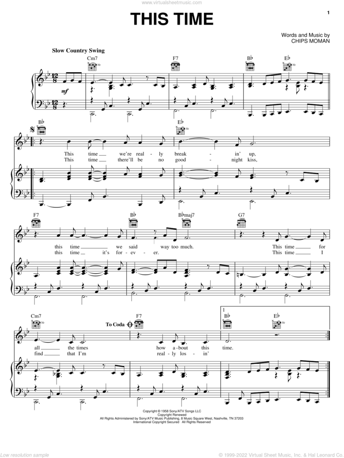 This Time sheet music for voice, piano or guitar by Troy Shondell, Johnny Lee and Chips Moman, intermediate skill level