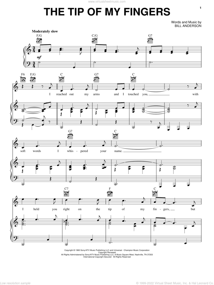 The Tip Of My Fingers sheet music for voice, piano or guitar by Eddy Arnold and Bill Anderson, intermediate skill level