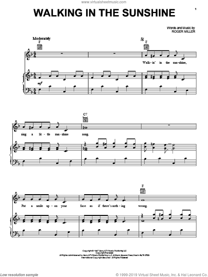 Walking In The Sunshine sheet music for voice, piano or guitar by Roger Miller, intermediate skill level