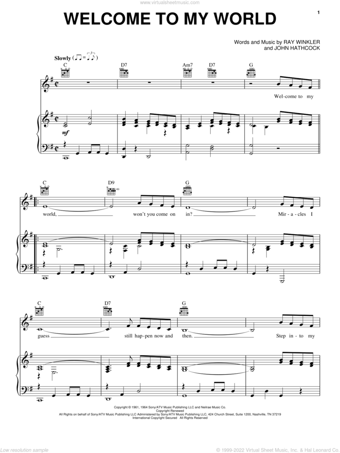 Welcome To My World sheet music for voice, piano or guitar by Elvis Presley, Jim Reeves, John Hathcock and Ray Winkler, intermediate skill level