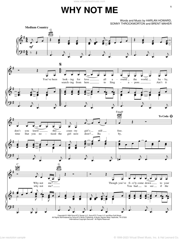 Why Not Me sheet music for voice, piano or guitar by The Judds, Brent Maher, Harlan Howard and Sonny Throckmorton, intermediate skill level