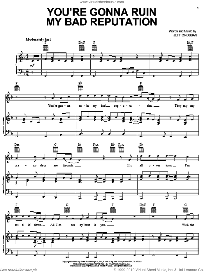 You're Gonna Ruin My Bad Reputation sheet music for voice, piano or guitar by Ronnie McDowell and Jeff Crossan, intermediate skill level