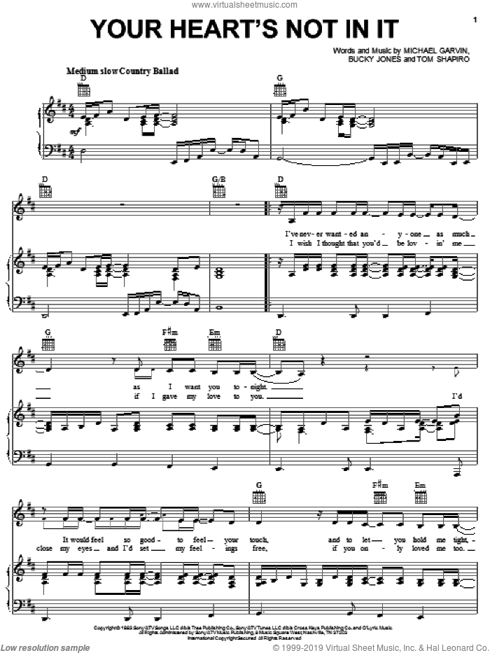 Your Heart's Not In It sheet music for voice, piano or guitar by Janie Fricke, Bucky Jones, Michael Garvin and Tom Shapiro, intermediate skill level