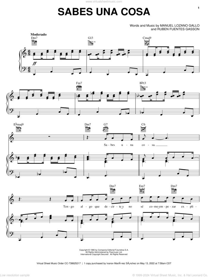 Sabes Una Cosa sheet music for voice, piano or guitar by Luis Miguel, Manuel Lozano Gallo and Ruben Fuentes Gasson, intermediate skill level