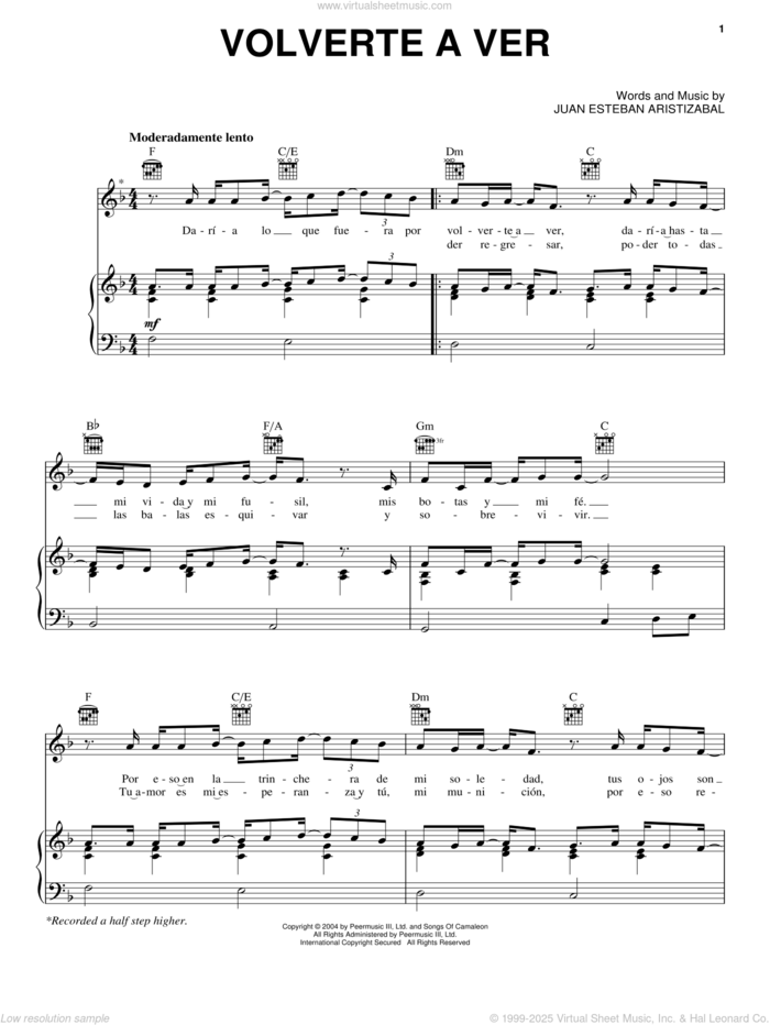 Volverte A Ver sheet music for voice, piano or guitar by Juan Esteban Aristizabal, intermediate skill level