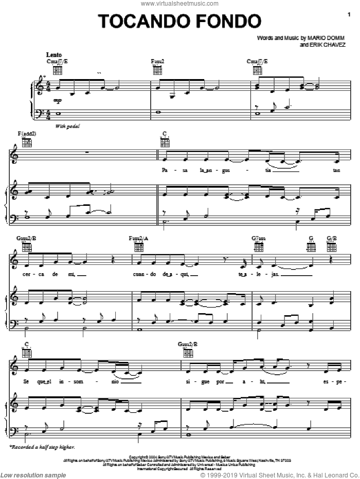 Tocando Fondo sheet music for voice, piano or guitar by Kalimba, Erik Chavez and Mario Domm, intermediate skill level