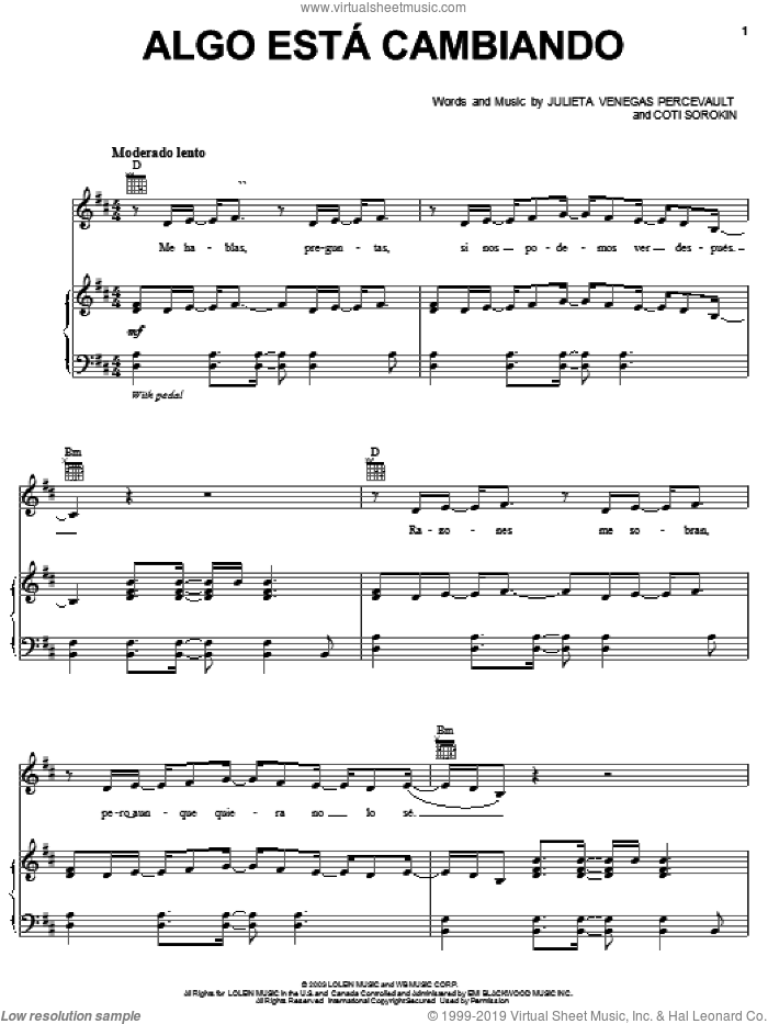 Algo Esta Cambiando sheet music for voice, piano or guitar by Julieta Venegas Percevault and Coti Sorokin, intermediate skill level