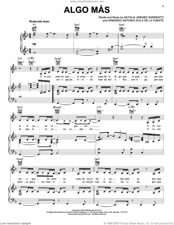 Algo Mas sheet music for voice, piano or guitar by Natalia Jimenez Sarmiento, intermediate skill level