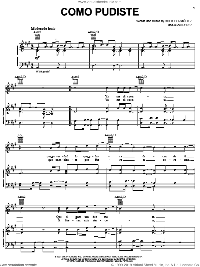 Como Pudiste sheet music for voice, piano or guitar by Obie Bermudez, Juan Perez and Obed Bermudez, intermediate skill level