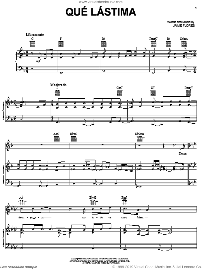 Que Lastima sheet music for voice, piano or guitar by Jaime Flores, intermediate skill level
