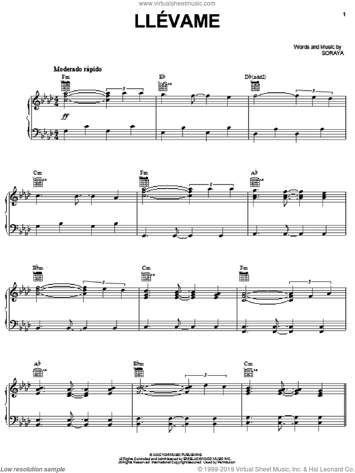 Llevame sheet music for voice, piano or guitar by Soraya, intermediate skill level